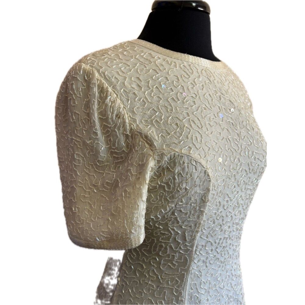 80s Vintage White Beaded A-Line Cocktail Dress Wedding Large - Picture 3 of 7